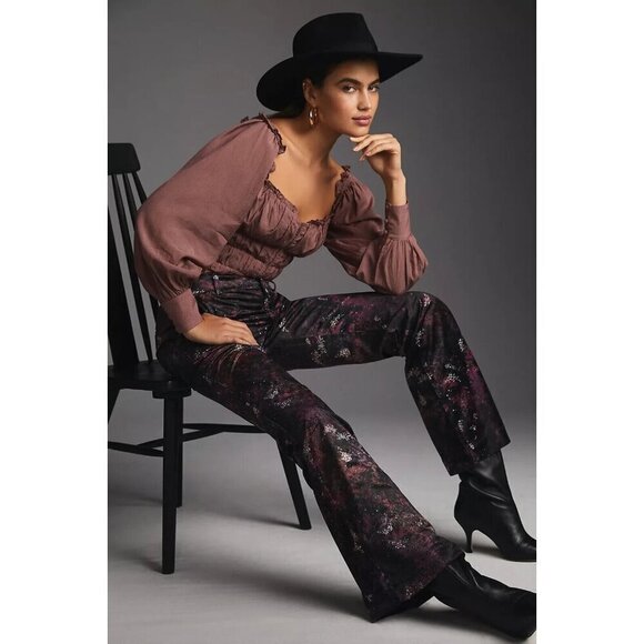 NWT Anthropologie Scotch & Soda Velvet Flare Trousers Pants 25 Black Purple - Picture 1 of 10